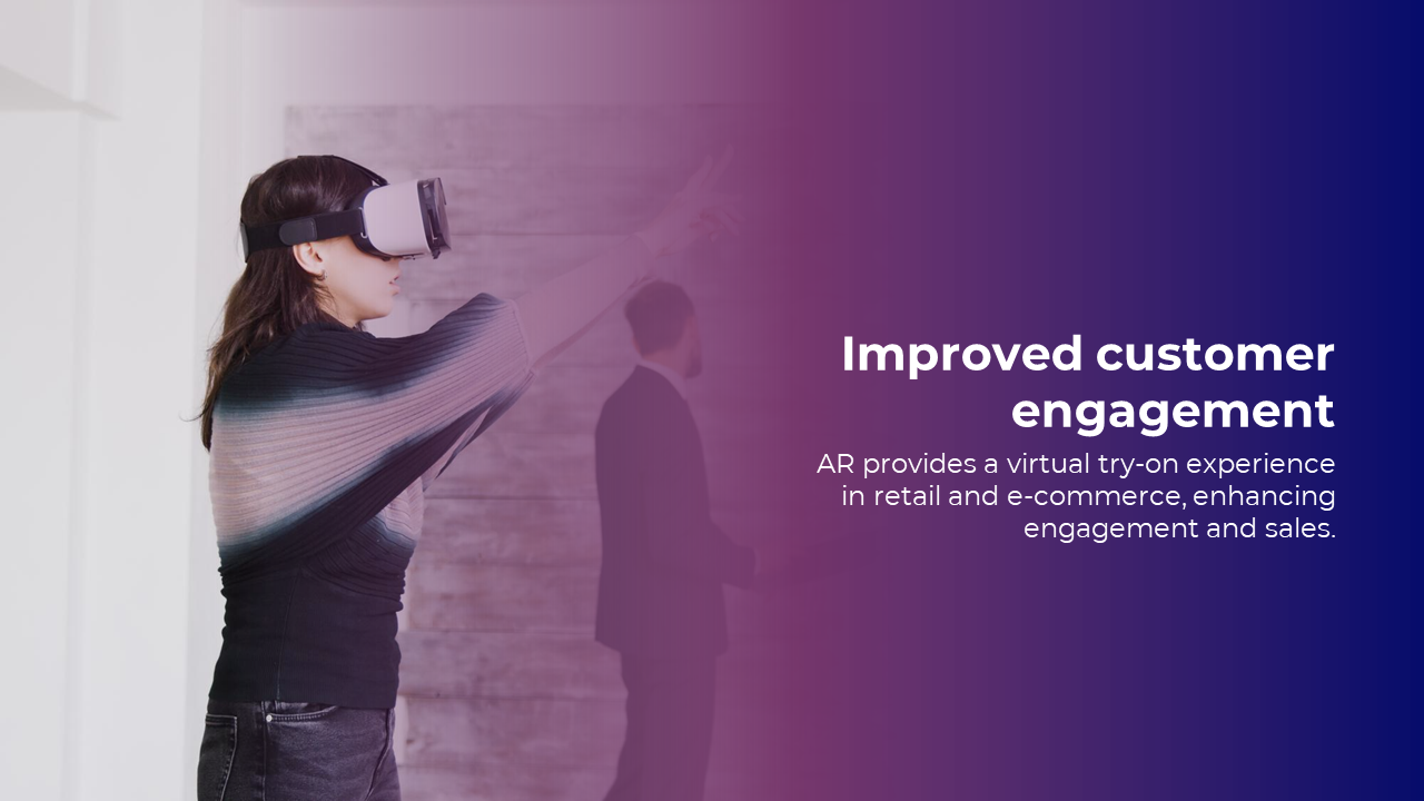 Woman using VR headset on left, reaching forward and right side fades to purple and blue gradient with bold white text.