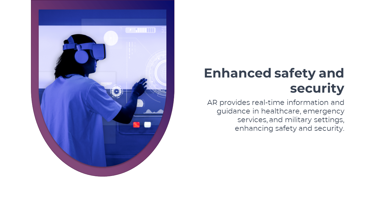 Person using VR headset touches futuristic interface, image framed in purple curve on left, text on clean white background.