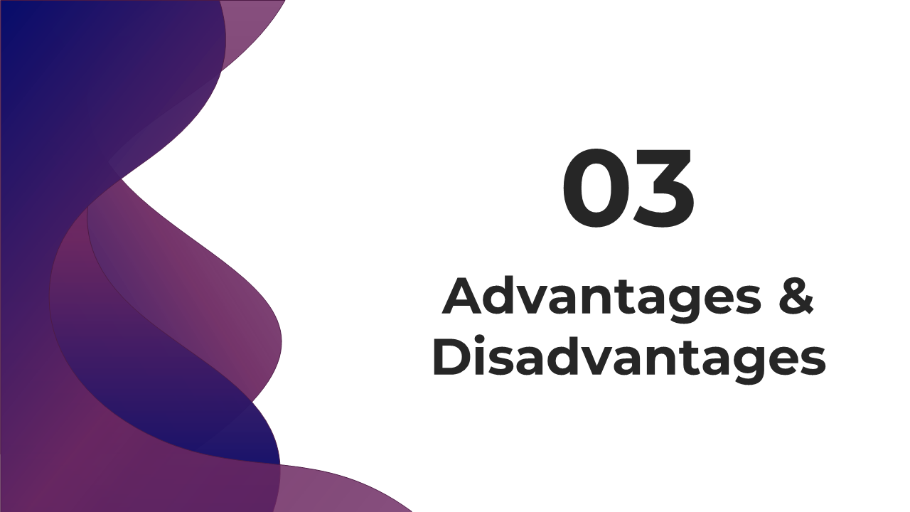 Abstract wave shapes in purple and navy on left, and clean white background on right with centered bold black text.