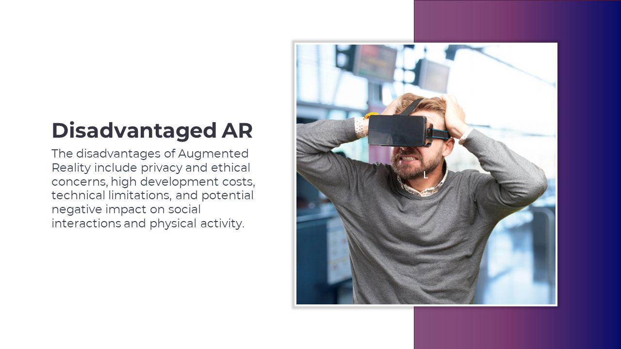 Purple gradient sidebar with a right aligned photo of a man in gray using AR glasses and text block on the left.