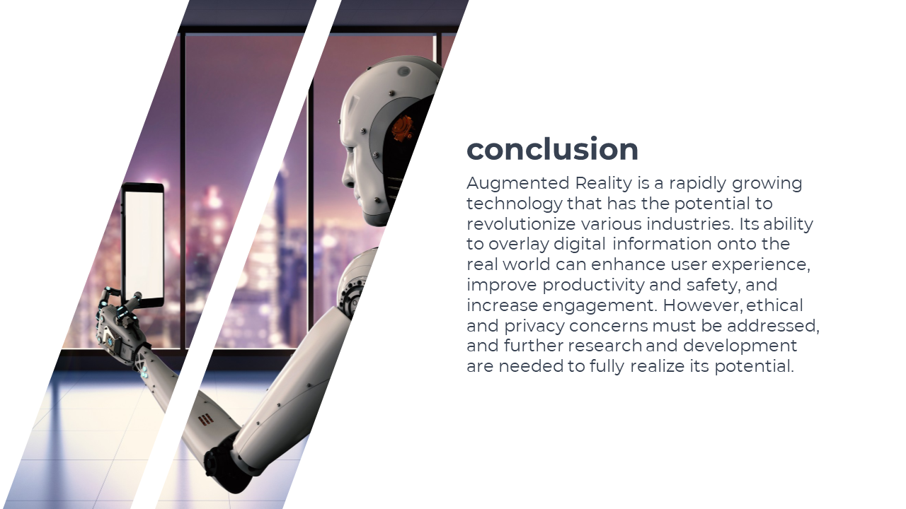 Slide shows a humanoid robot holding a phone, divided by white slanted bars, with text on the right.