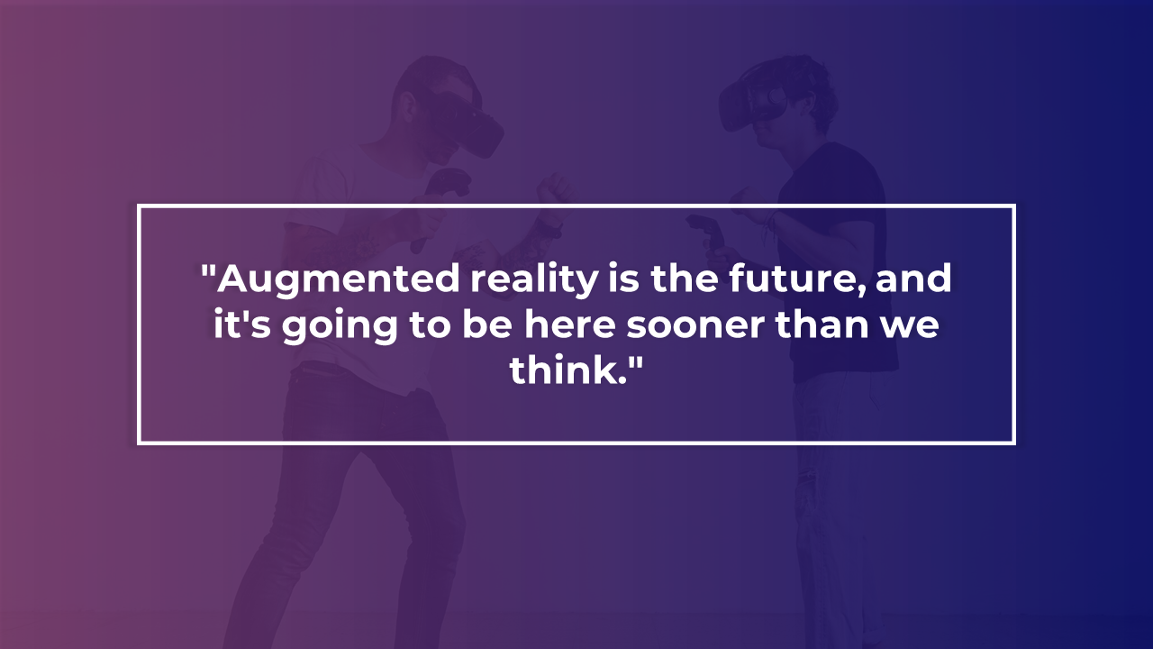 Slide shows two people in VR headsets over a purple and blue gradient background with a white bordered quote box at center.