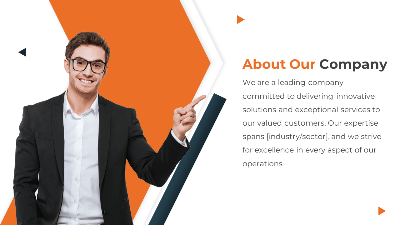 About Our Company slide with a smiling professional in a suit, showcasing the commitment to delivering innovative solutions.