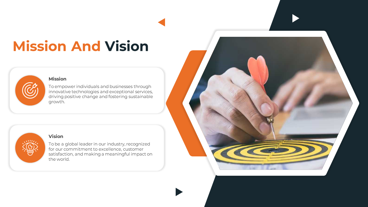 Mission and vision slide with a dartboard and a dart hitting the target, illustrating the company's strategic goals.