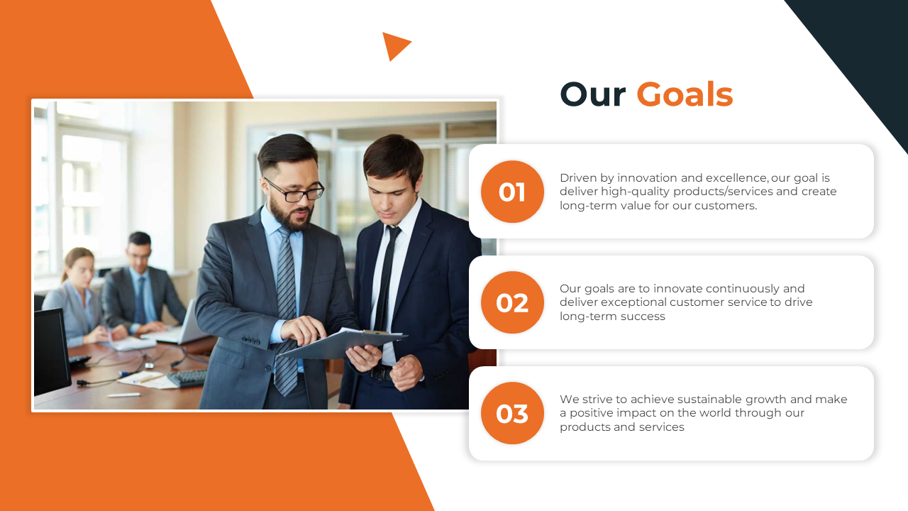 Our Goals slide with a team discussing business strategies for growth, innovation, and customer service excellence.