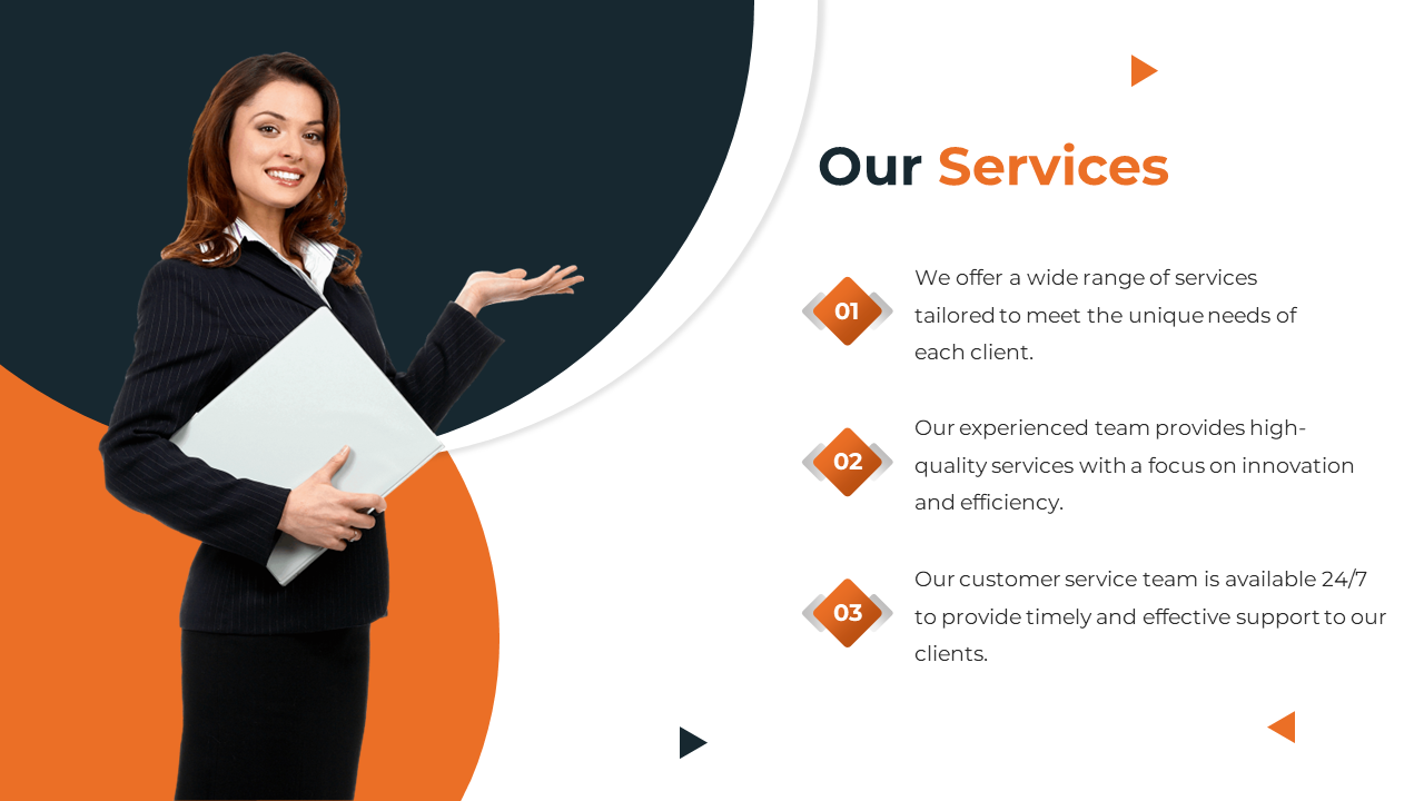 Our Services slide with a confident businesswoman holding a laptop, illustrating client focused solutions and innovation.