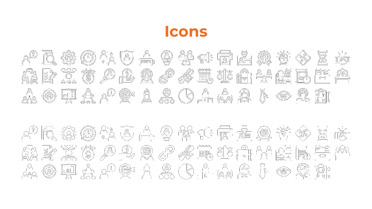 A collection of business and office related icons, including people, charts, documents, and tools on a white backdrop.