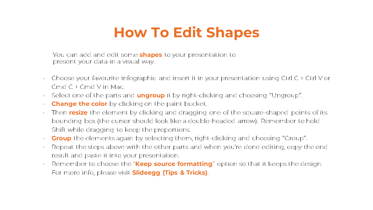 A guide showing how to edit shapes in PowerPoint, with steps on ungrouping, resizing, and changing colors on a white theme.