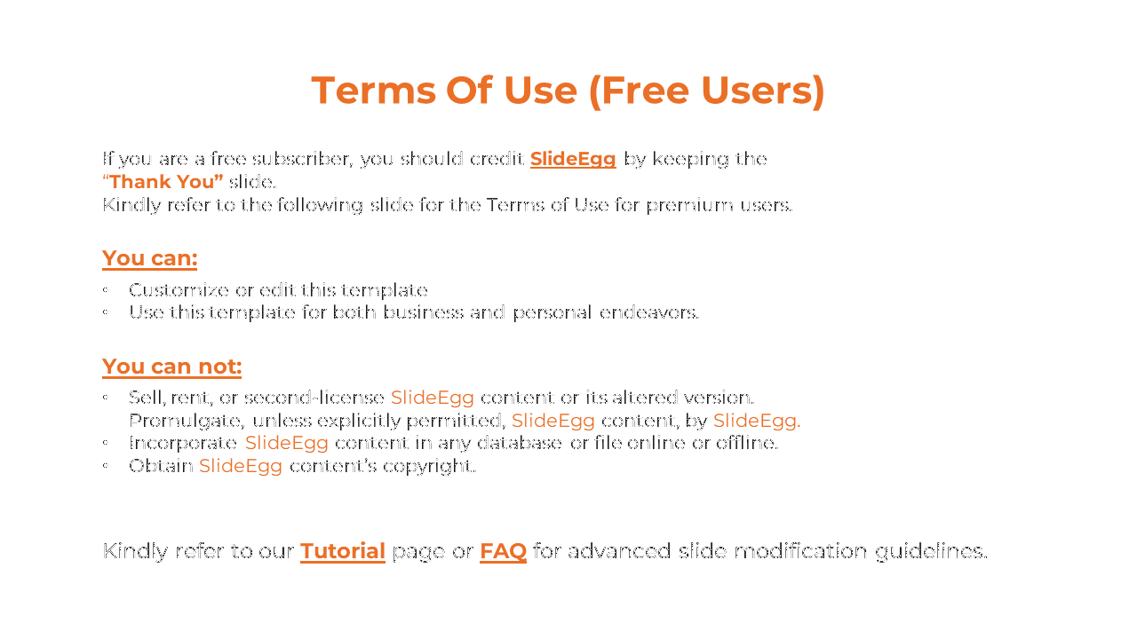 A slide explaining the terms of use for free SlideEgg subscribers, including rights to edit and limitations on content usage.