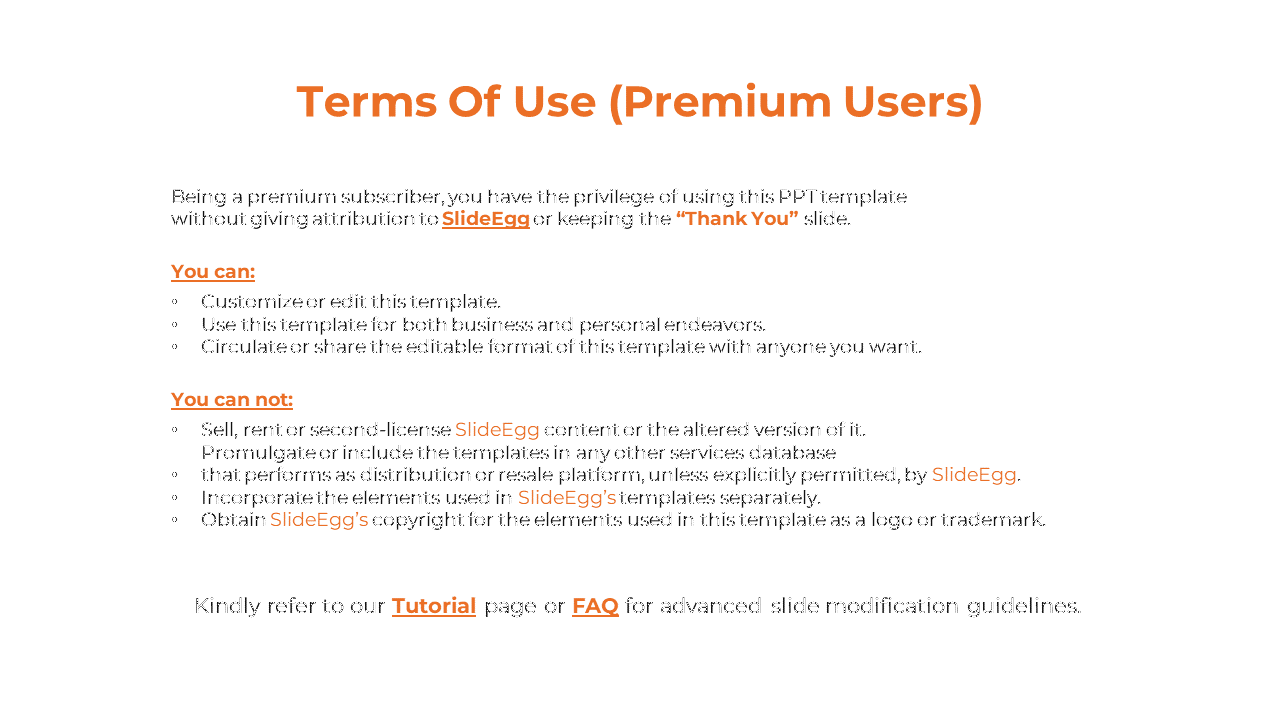 Premium user terms for SlideEgg, detailing rights to use and edit templates without attribution on a white theme.