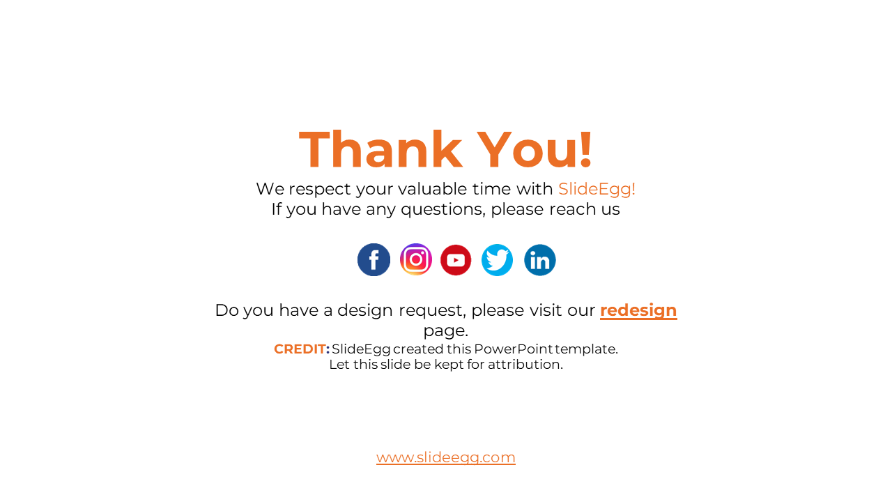 A thank you slide from SlideEgg with social media links and a redesign request prompt on a white backdrop.