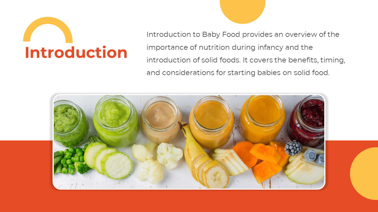 Slide shows baby food jars of colorful purees at the bottom and text above, on a white and orange layout.