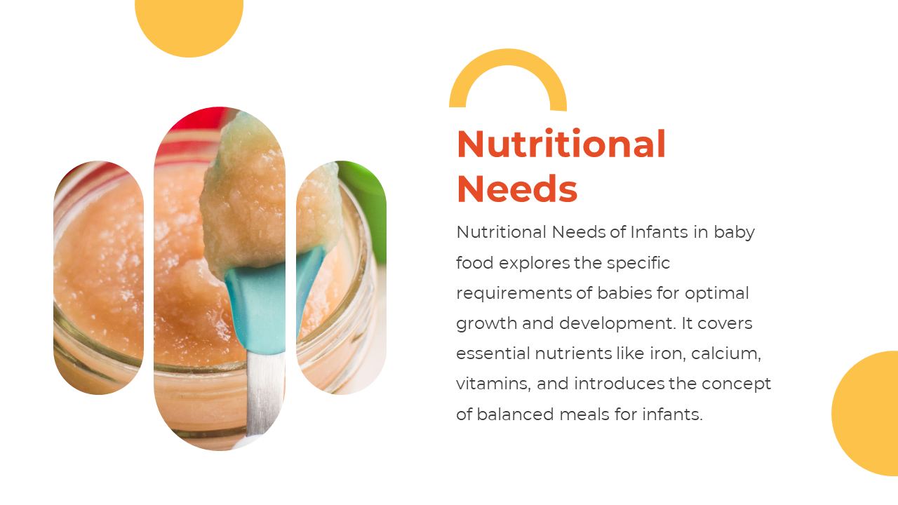 Slide shows a jar of puree cropped into rounded vertical shapes on the left, with text and yellow circles on white backdrop.