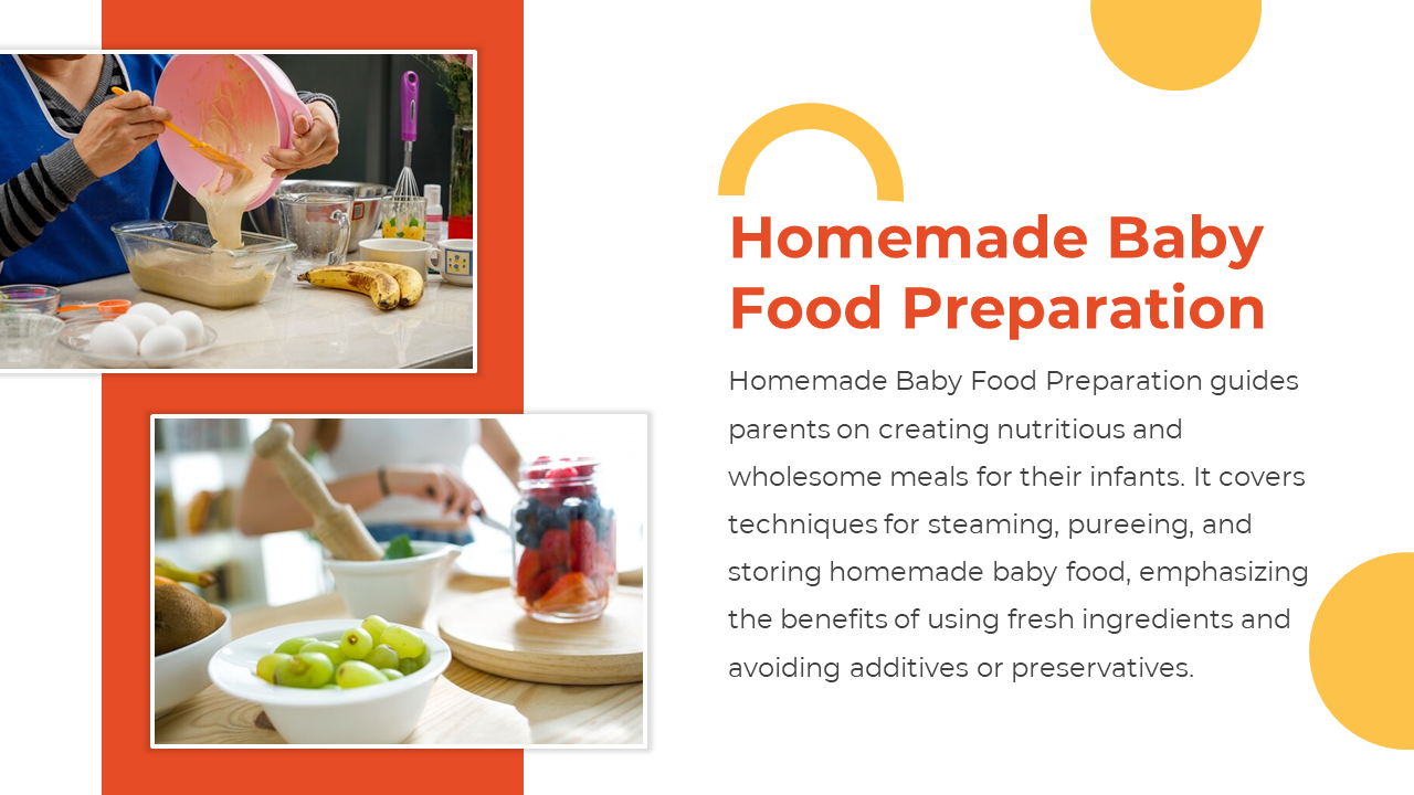 Slide shows two food prep photos on an orange and white layout with yellow semicircles and text on the right.
