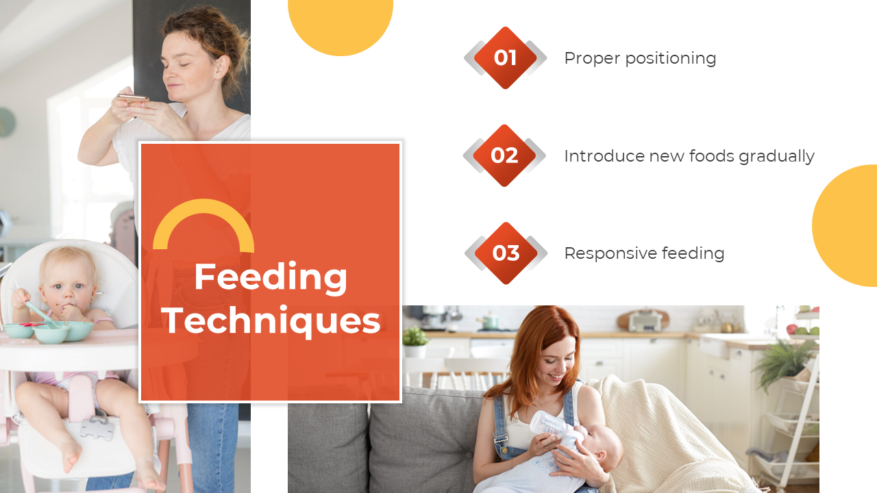 Slide shows two baby feeding photos with an orange square overlay, three diamond icons, and yellow circles on a white layout.