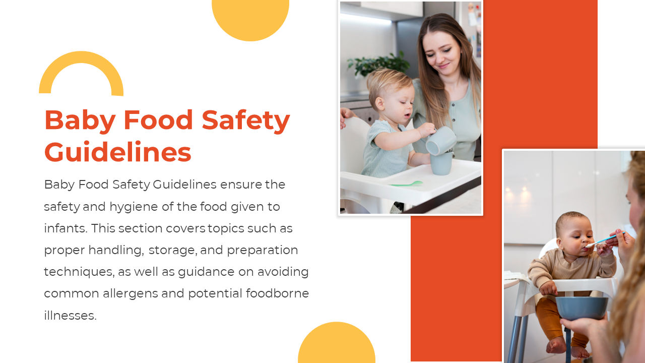 Two rectangular baby feeding images are stacked on an orange panel, with left aligned text and yellow accent shapes.
