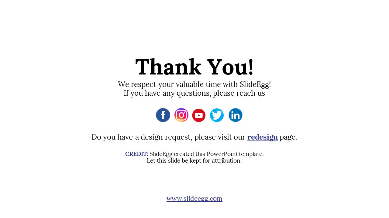 Centered thank you slide with bold heading, black body text, and five colorful social icons on a white background.