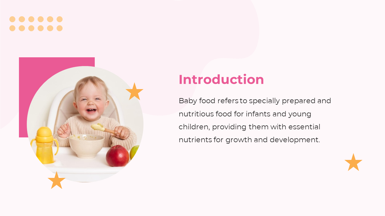 A smiling baby with bowl and apples appears in a circular cutout over a soft pink and white background with yellow stars.
