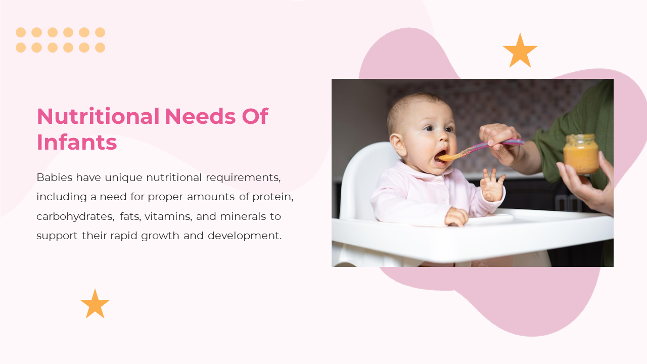 Slide with white and pink backdrop featuring yellow stars and a baby in a high chair eating orange puree from a purple spoon.