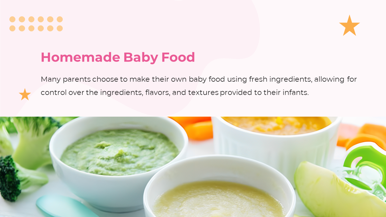 Three white bowls filled with green, yellow, and orange puree are set below a soft pink and white layout with pastel accents.