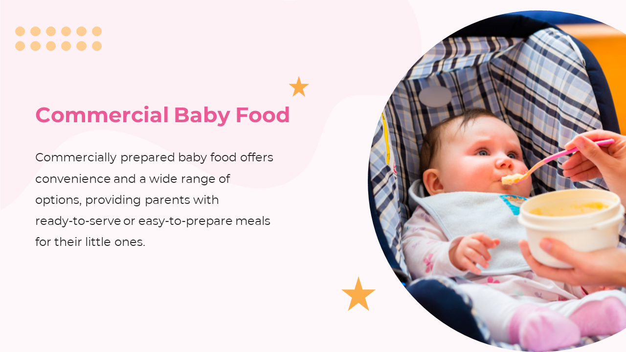 Slide shows a pink and white layout with a round photo of a baby in a blue seat being fed yellow food using a pink spoon.