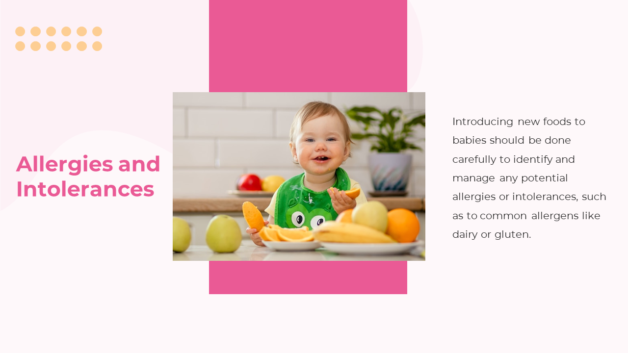 A baby eating fruits is framed in the center with a pink rectangle, yellow dots, and light pink wave forms in the background.