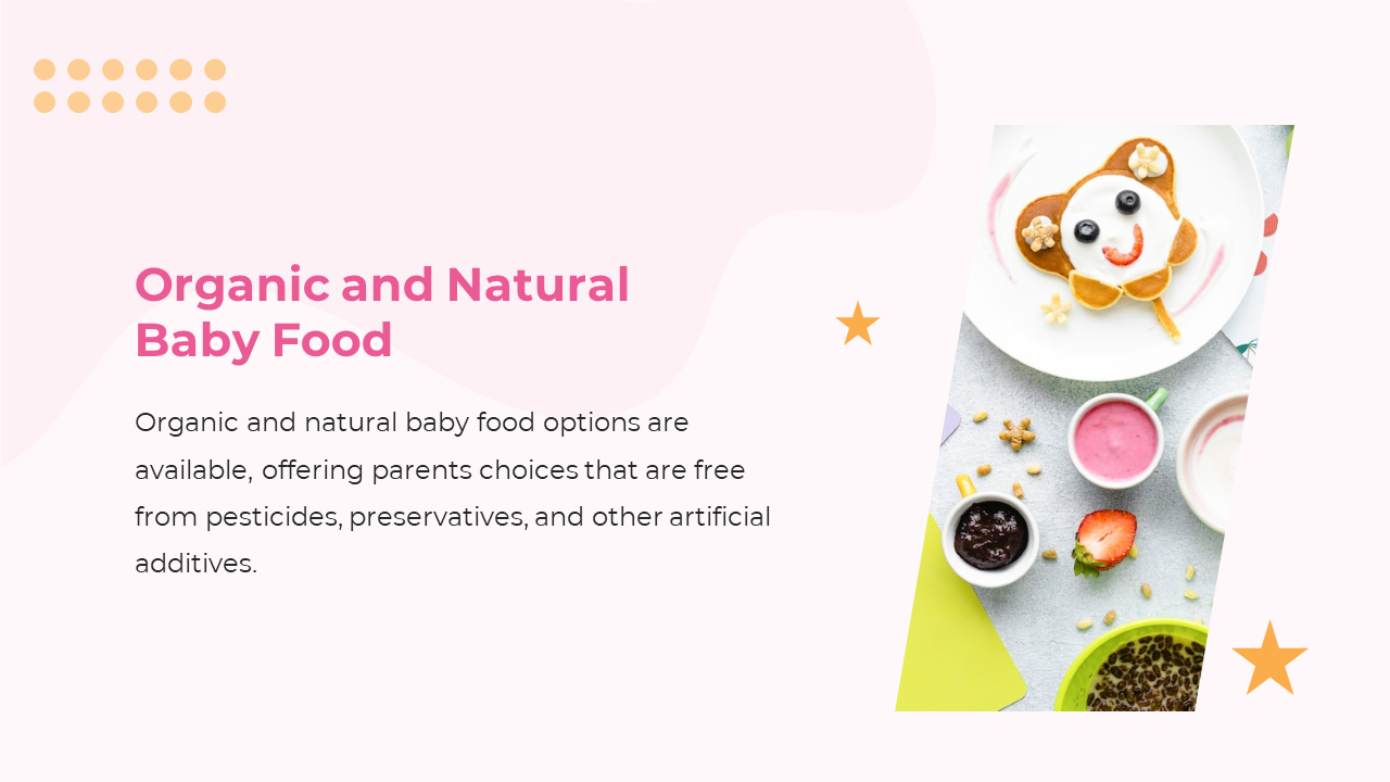 Pink and white layout with a tilted photo of colorful baby food, with yellow stars and dot rows aligned in the top left.