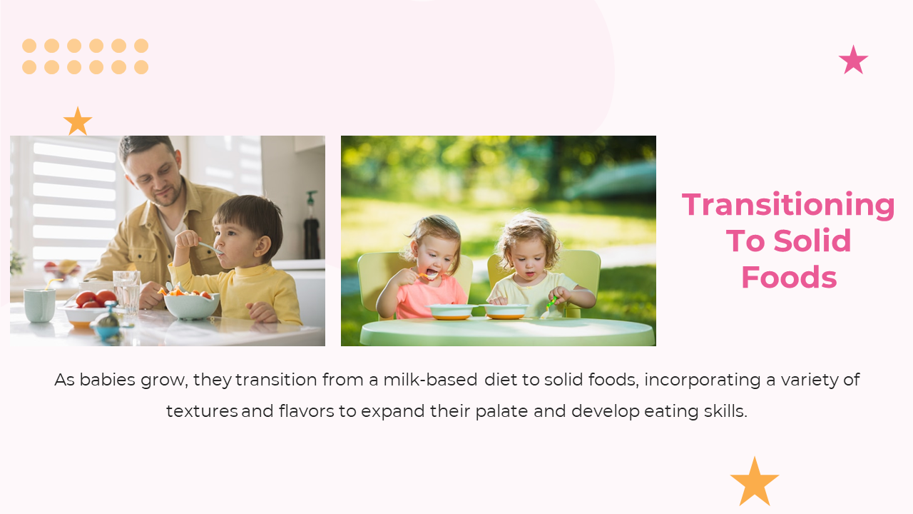 Slide with kids eating indoors and outdoors, framed by yellow stars and dots, on a light pink and white background.