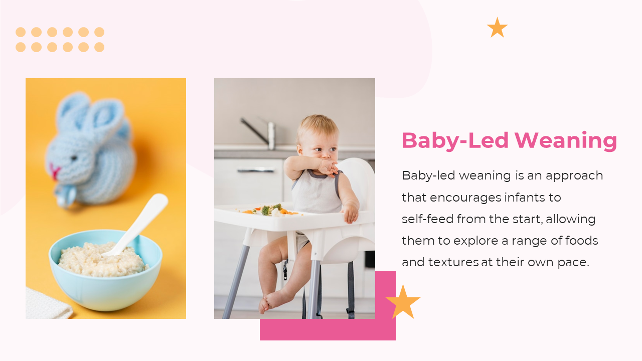 Slide with two images of a baby self feeding in a high chair next to a bowl of porridge, set against a pastel background.