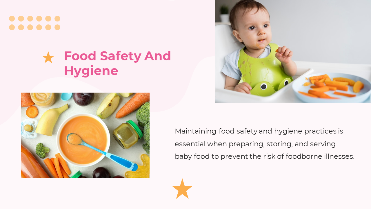 Pink and white slide with yellow stars shows a baby eating on the right and pureed food with fruits and veggies on the left.