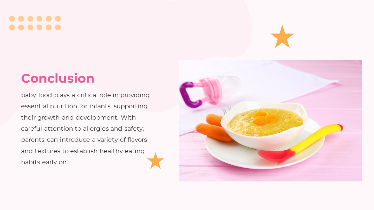 Slide with gold dots and stars shows baby food in a white bowl, carrots, and yellow spoon, placed on a pink wooden surface.