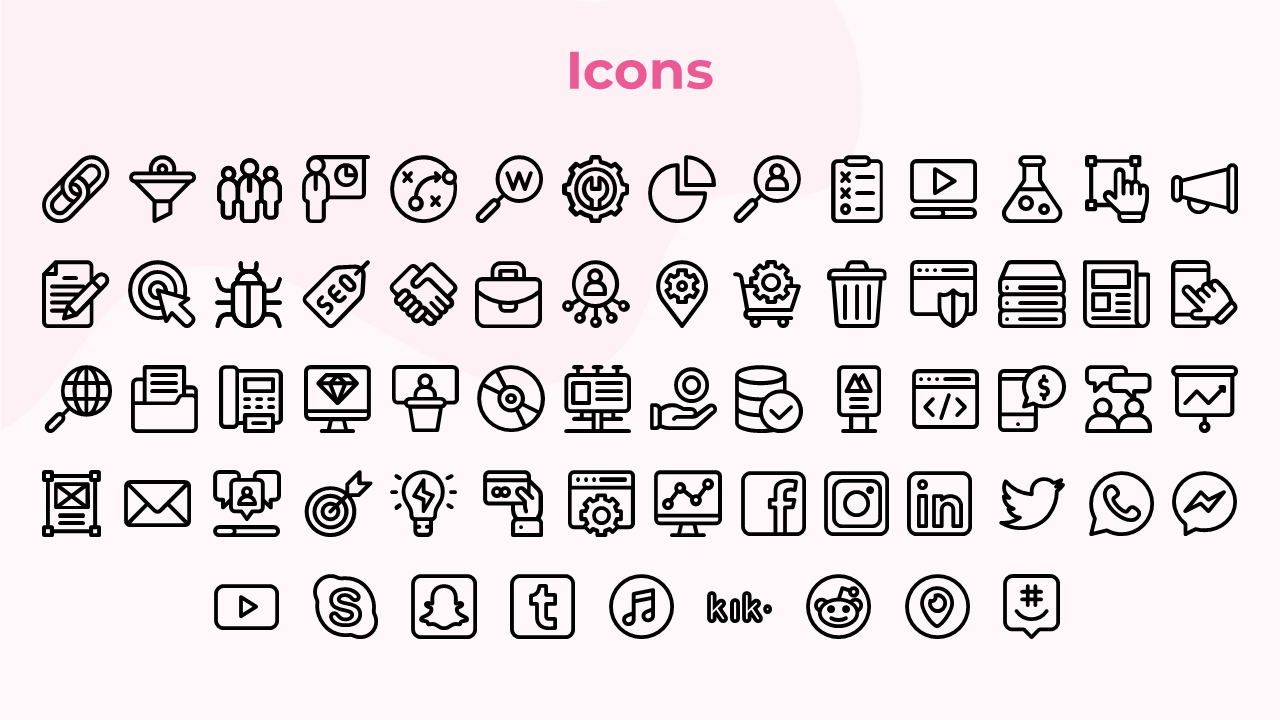 Centered pink heading appears above a grid of black outlined icons arranged neatly in rows over a white and pink layout.