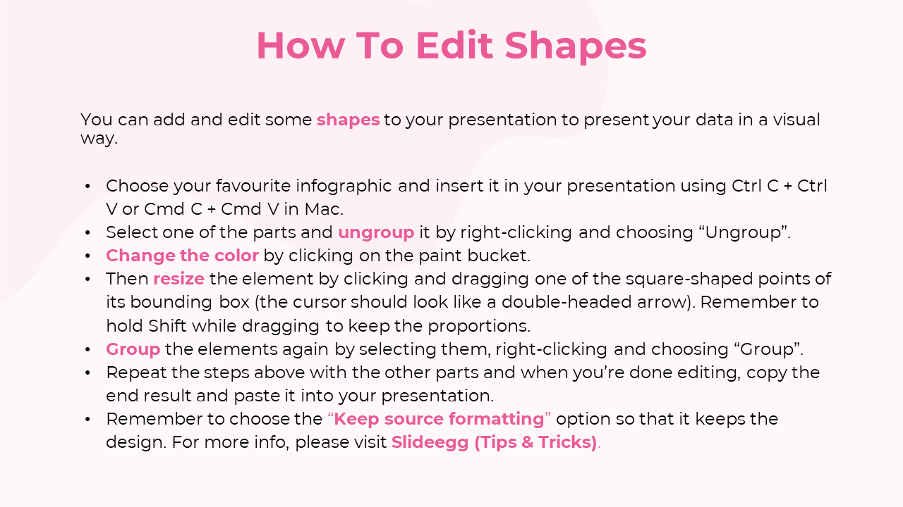 Light pink curves frame the white layout with a bold pink title and black bullet points listing shape editing steps.