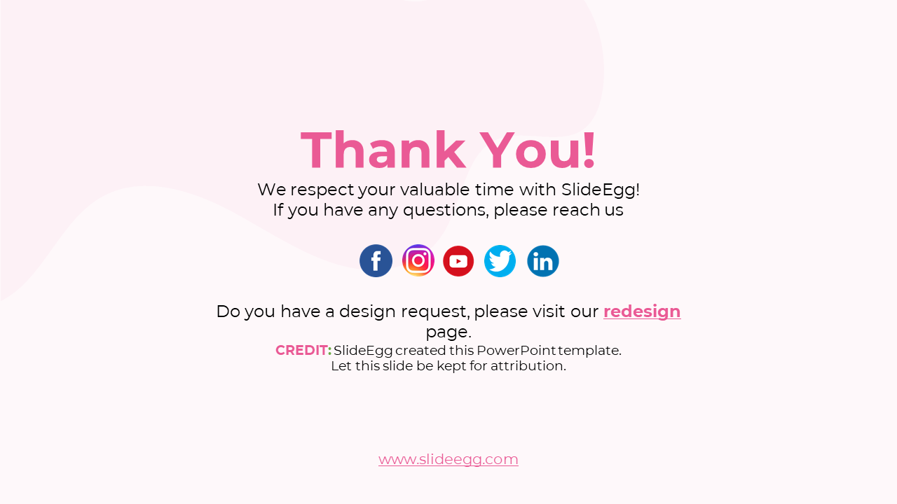 Centered thank you message in pink on a pale background with icons for social media placed in a row near the middle section.