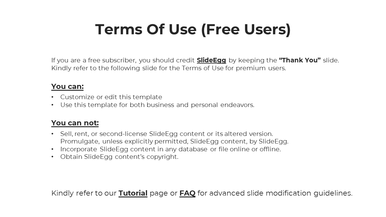 Terms of use slide outlines what free users can and cannot do, with black text and bold underlined headings for emphasis.
