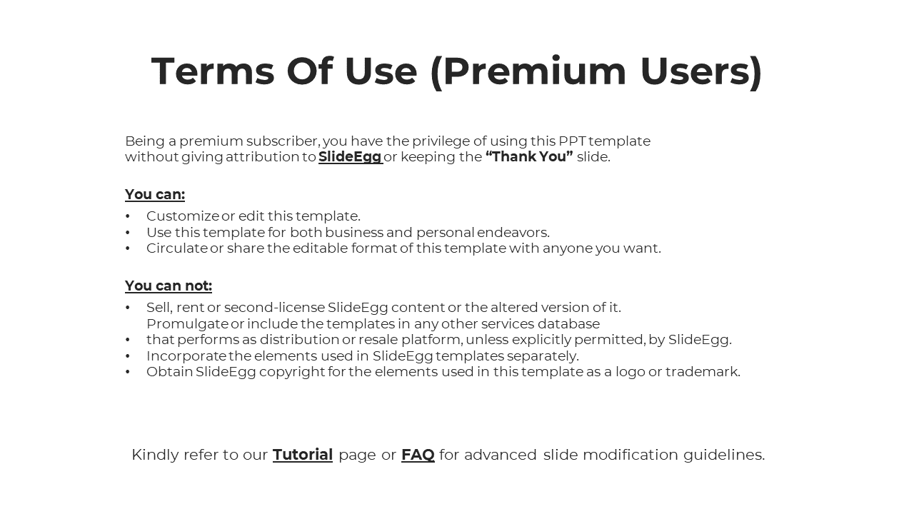 White terms of use slide outlines permissions and restrictions for using a PowerPoint template, with underlined headings.