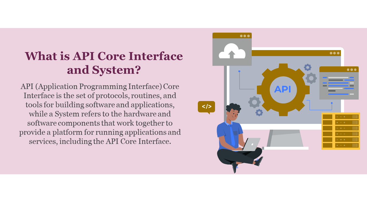 Split layout with API text on the left and a graphic of a person using a laptop beside a large screen with gears.