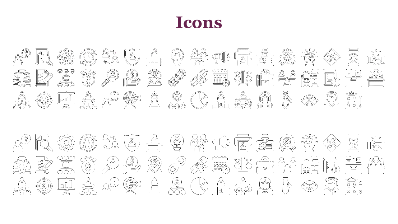 Slide shows two rows of business icons, in outlined and filled styles, under bold purple title on a white background.