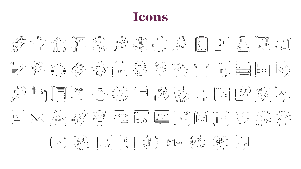 Slide displays black outlined icons of social media, tools, and people, under bold purple title, on a white background.