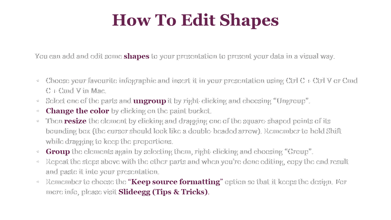 Shape editing slide shows a bold purple heading centered above bullet points on a plain white background.