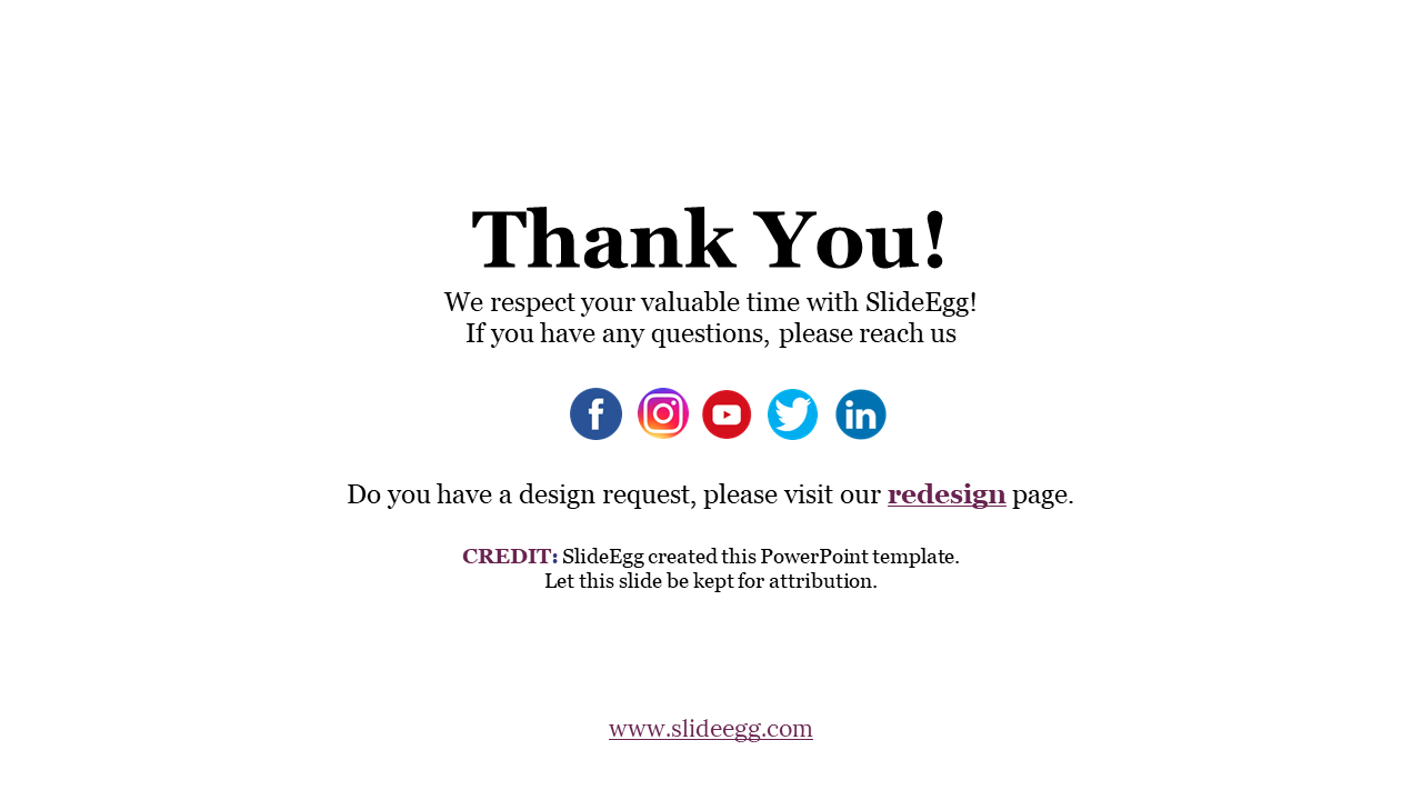 Slide with centered black text on a white background with Facebook, Instagram, YouTube, Twitter, and LinkedIn icons below.