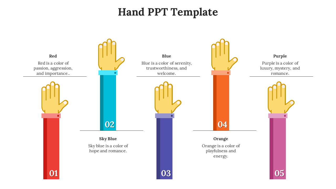 Five vertical cartoon hands rise from colored sleeves in red, teal, blue, orange, and purple with text beneath.