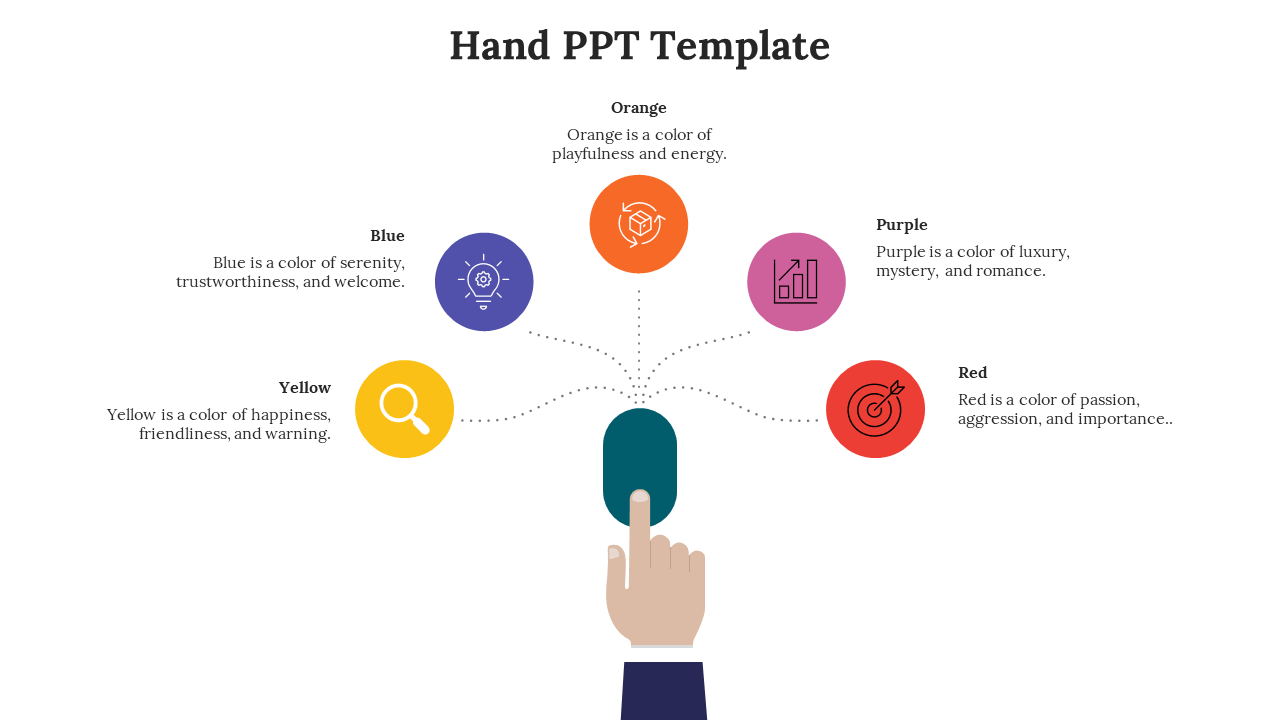 A hand touches a teal button connected by dotted lines to five round icons in yellow, blue, orange, purple, and red.