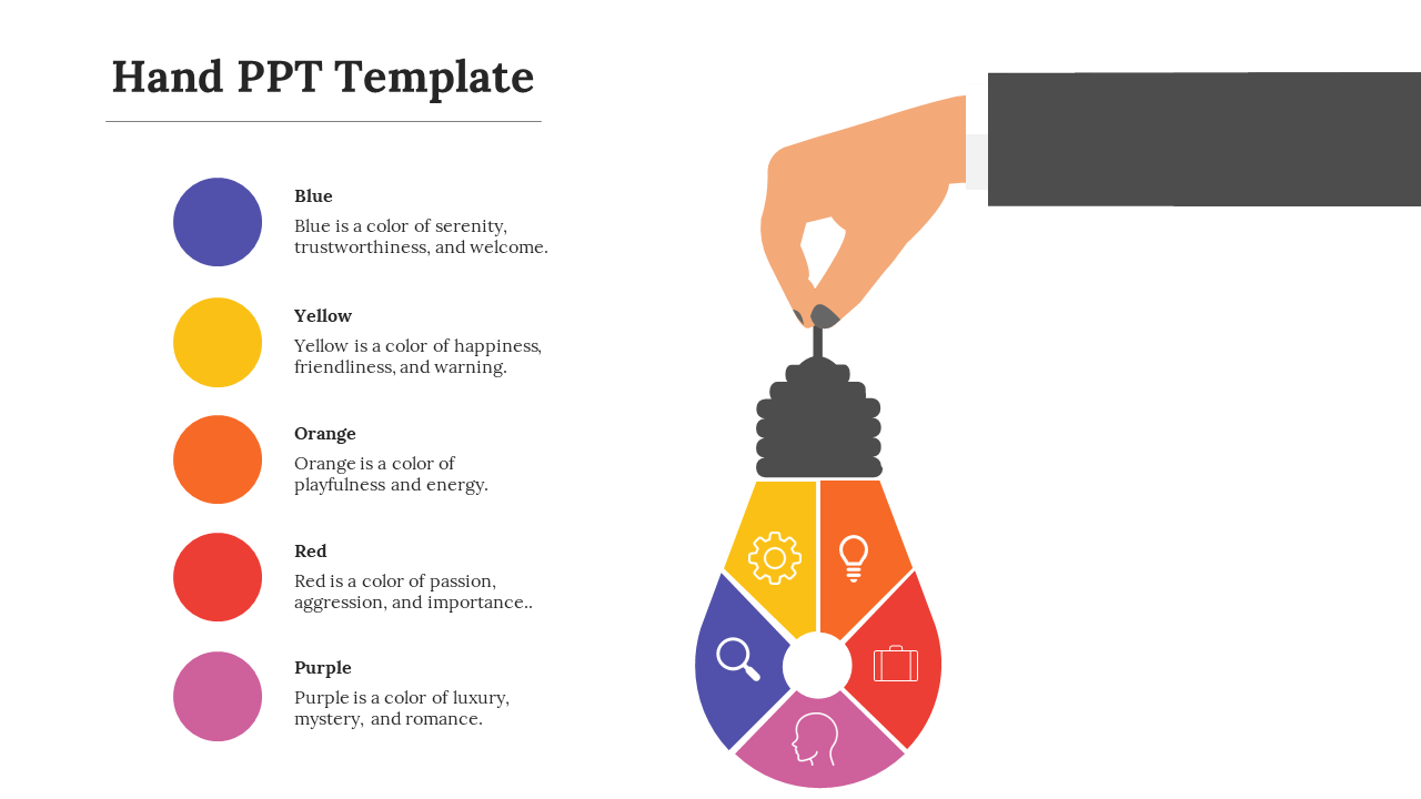 A hand holds a segmented lightbulb with icons in yellow, orange, red, purple, and blue, beside matching color labels.