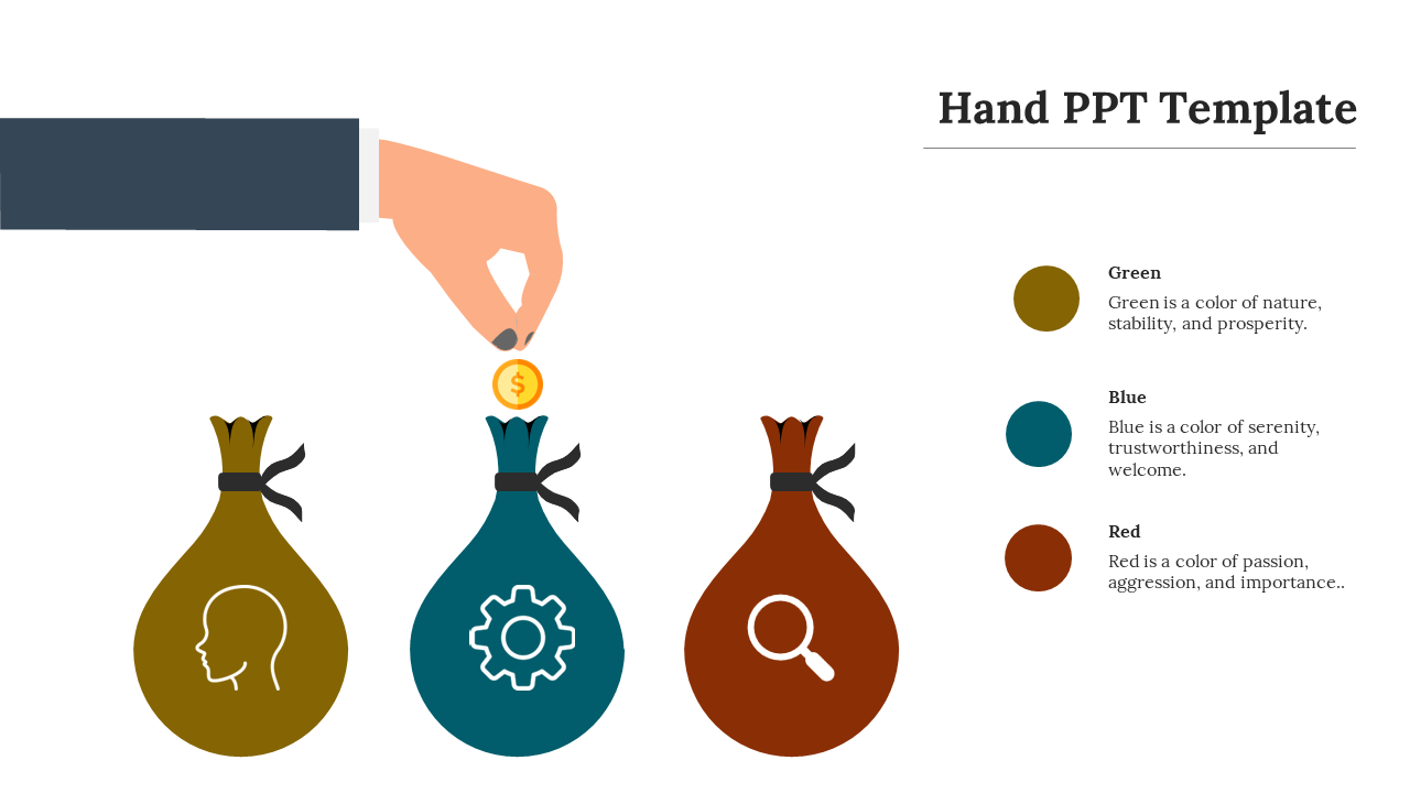Three colored bags in green, blue, and red with icons are shown below a hand dropping a coin, on a white layout with text.