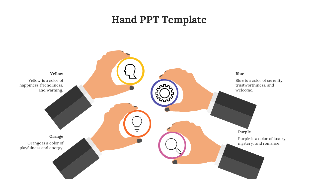 Four cartoon hands in suits hold colored circular icons in yellow, blue, orange, and purple, with text around it.