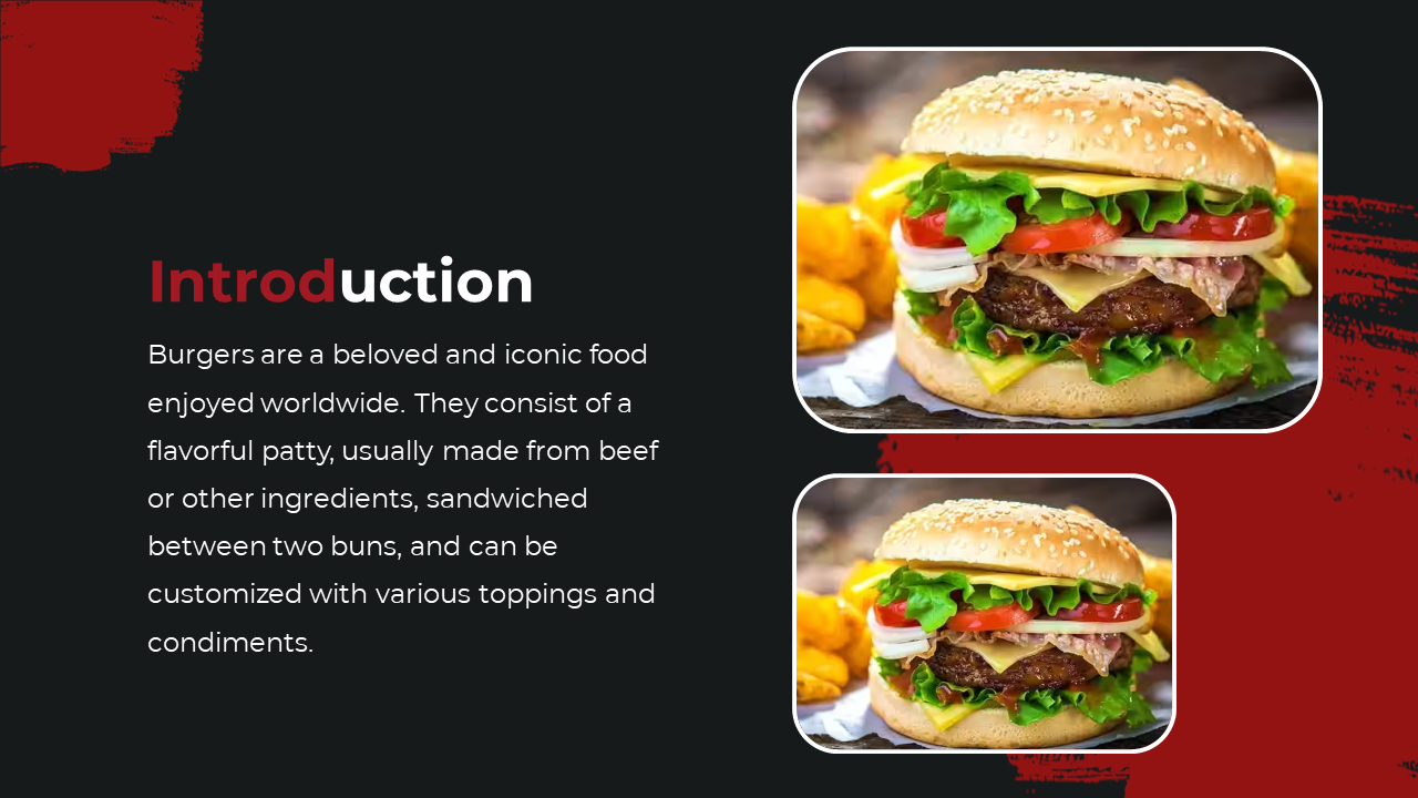 Two framed photos of burgers with fries stacked vertically on a red paint stroke and text, set on a black background.