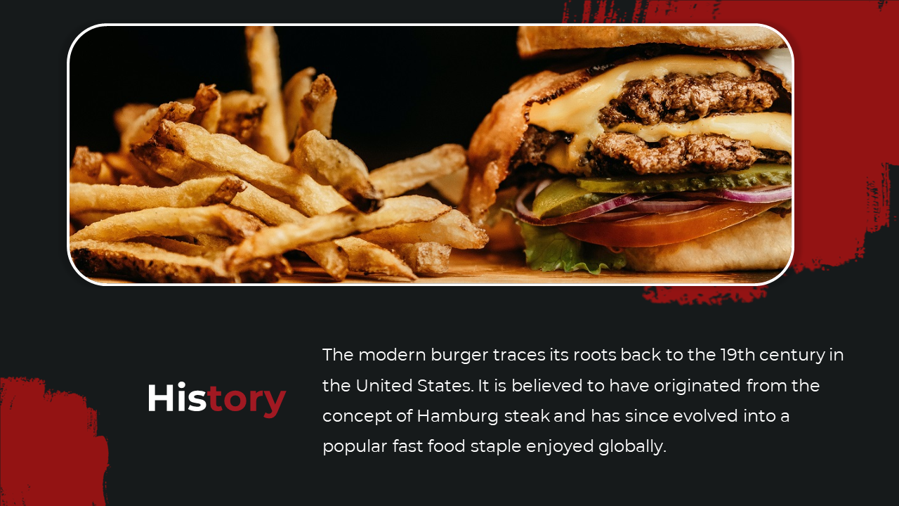 Slide shows a photo of golden fries and a stacked cheeseburger in a rounded rectangle above white text, on a black backdrop.