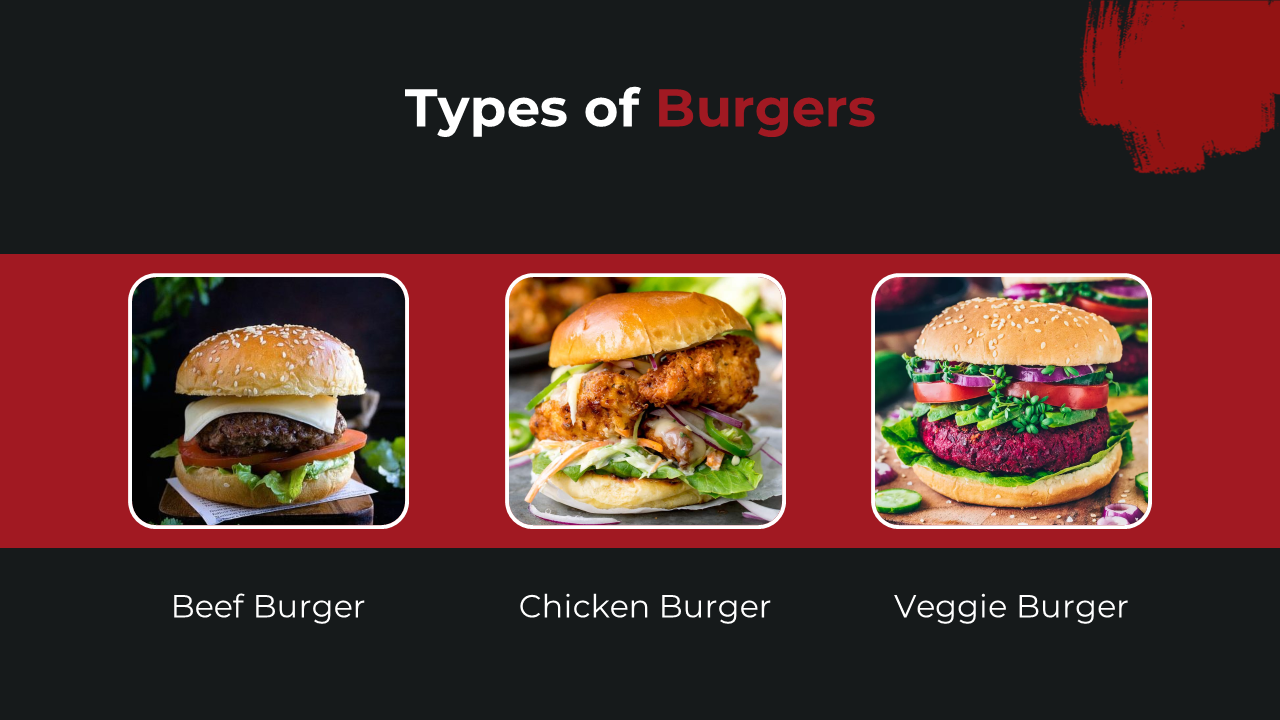 Three framed photos of beef, chicken, and veggie burgers arranged side by side over a red strip, on a black background.