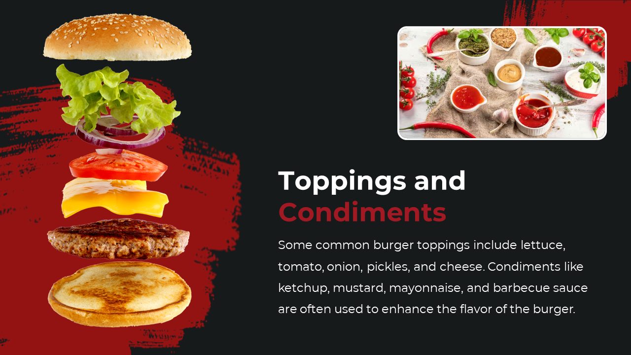 Red paint strokes features floating burger ingredients stacked vertically, alongside a sauces photo, on a black background.